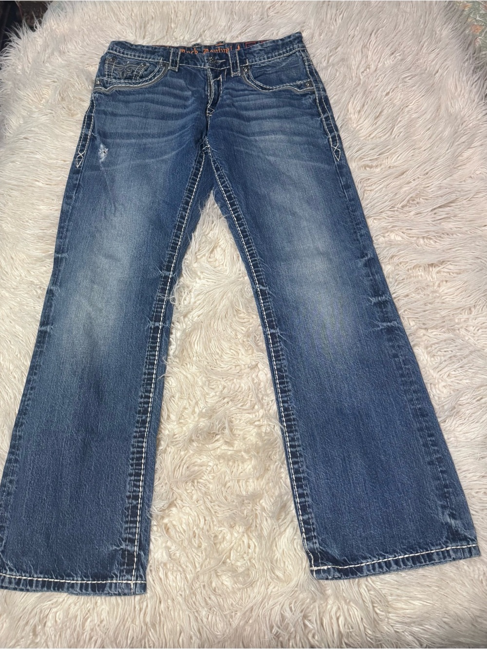 Rock Revival Leon Men’s Jeans Size 32 Relaxed Straight Distressed Embellished